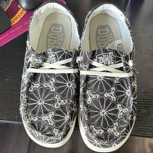 Hey Dude Moccasins Black with White Floral